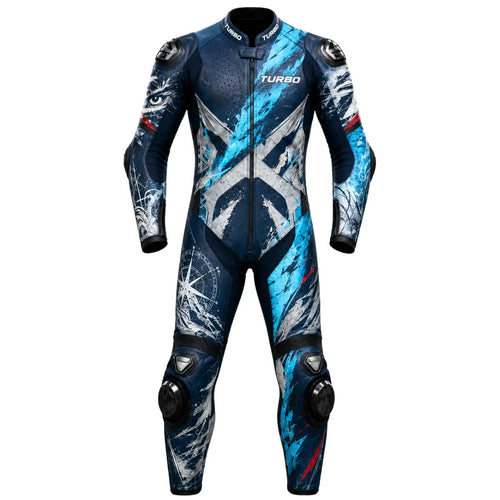 Front view of Turbo Vikings inspired navy blue leather motorcycle racing suit with Norse compass artwork, crossed axe graphic, perforated chest and external knee sliders