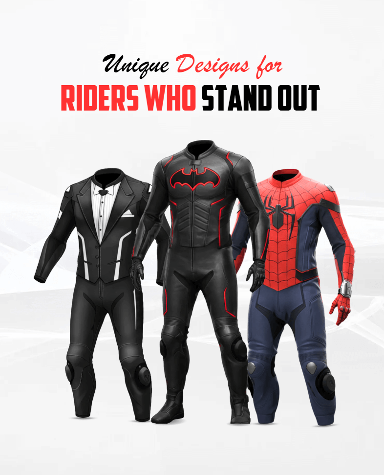 Three unique motorcycle suits with superhero designs on a white background.