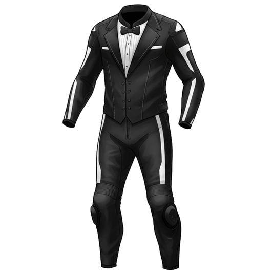 Black leather motorcycle suit with white accents on a white background