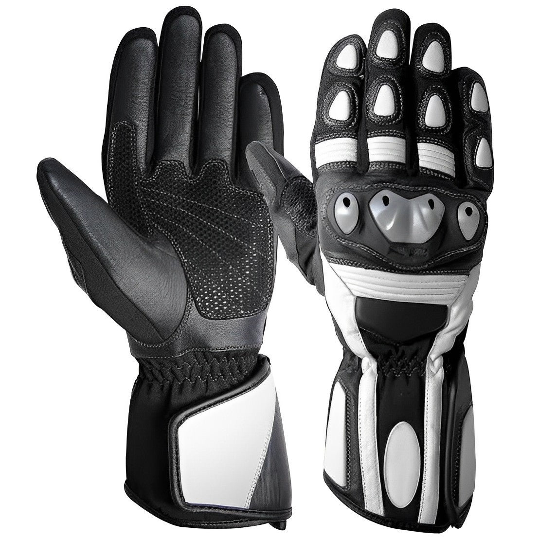 A pair of black and white motorcycle gloves with carbon fiber protectors on the knuckles and fingers.