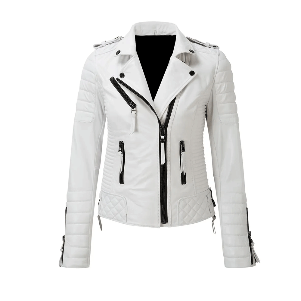 A white leather motorcycle jacket with black accents and a zipper front.