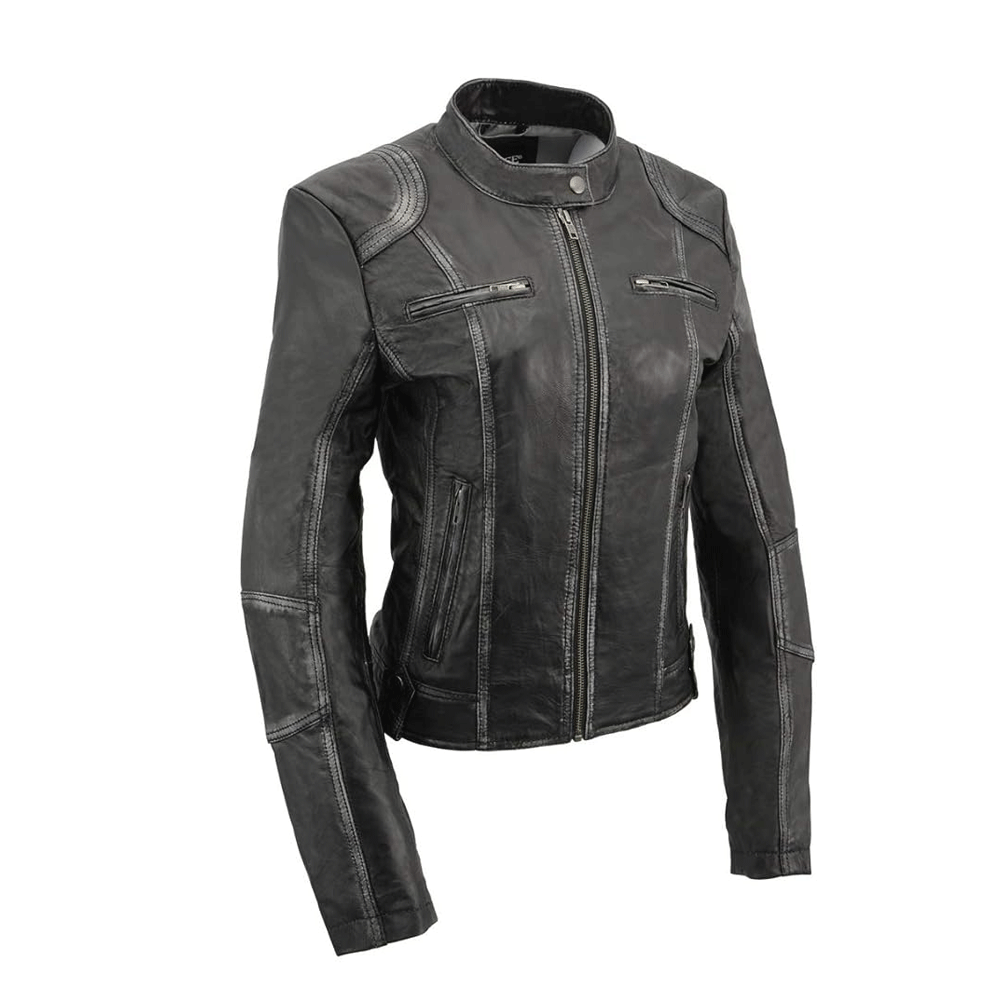 A black leather motorcycle jacket for women with a mandarin collar, zipper details, and padded elbows, shoulders, and back.