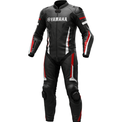 Black motorcycle racing suit with red and white accents featuring Yamaha logo on a white background