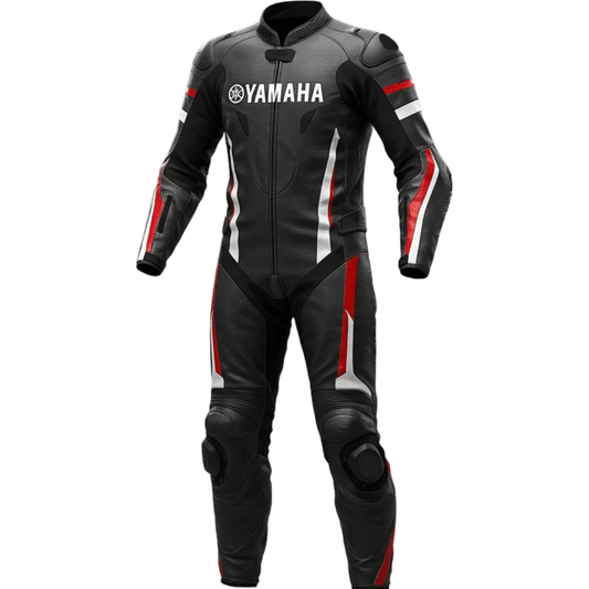 Black motorcycle racing suit with red and white accents featuring Yamaha logo on a white background