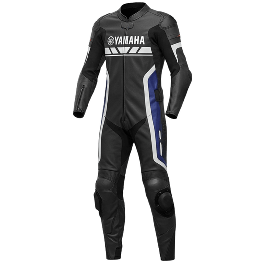 Black motorcycle racing suit with Yamaha logo on a white background