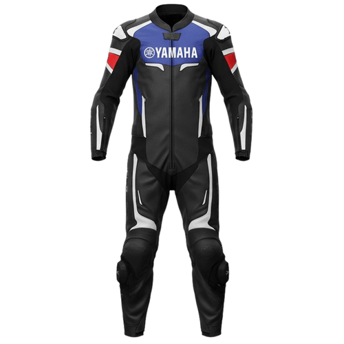 Motorcycle racing suit with Yamaha logo on a white background