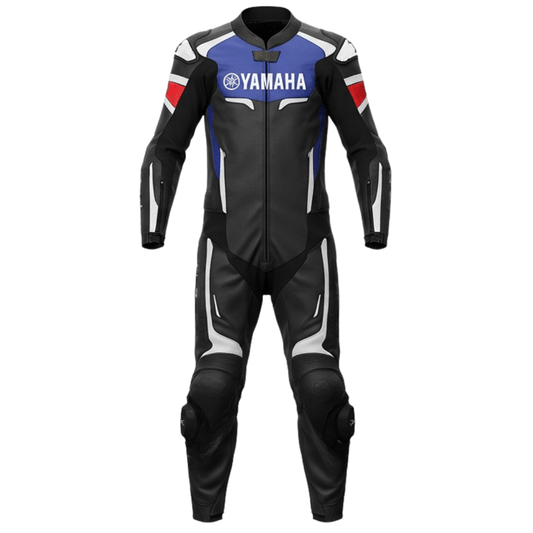 Motorcycle racing suit with Yamaha logo on a white background