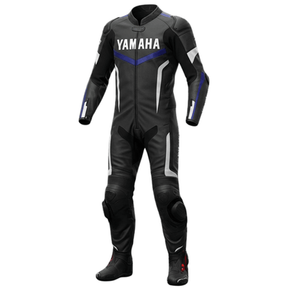 Black motorcycle racing suit with Yamaha branding on a white background