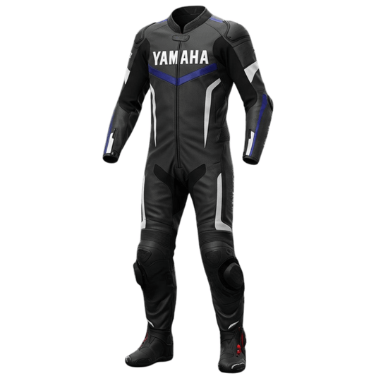 Black motorcycle racing suit with Yamaha branding on a white background