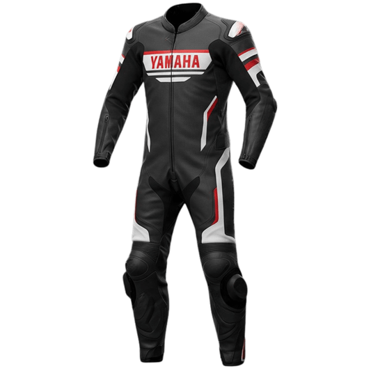Black leather racing suit with Yamaha logo on a white background
