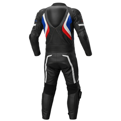 Black leather racing suit with red, white, and blue design on a white background