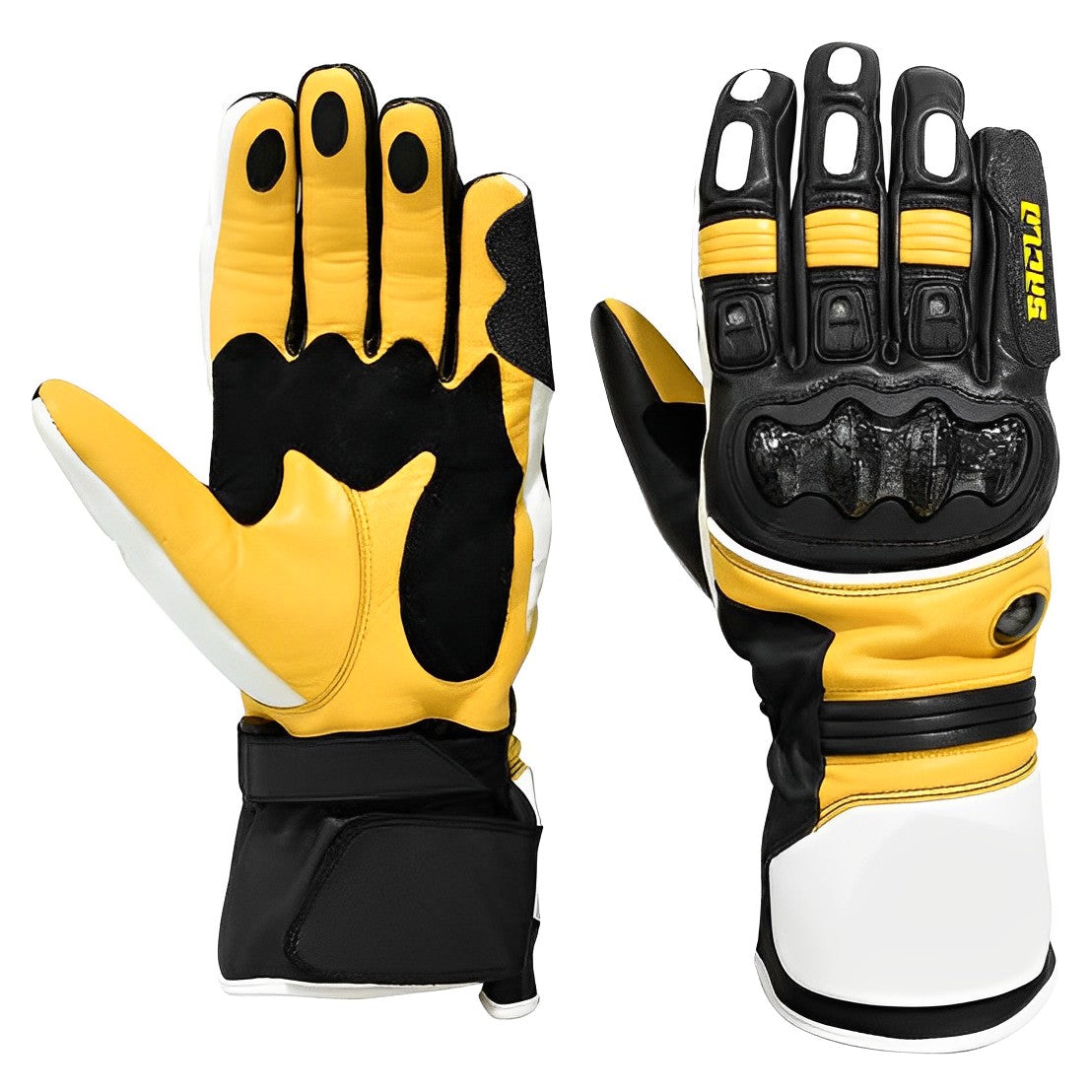 A pair of yellow and white motorcycle gloves with black details and carbon fiber protectors.